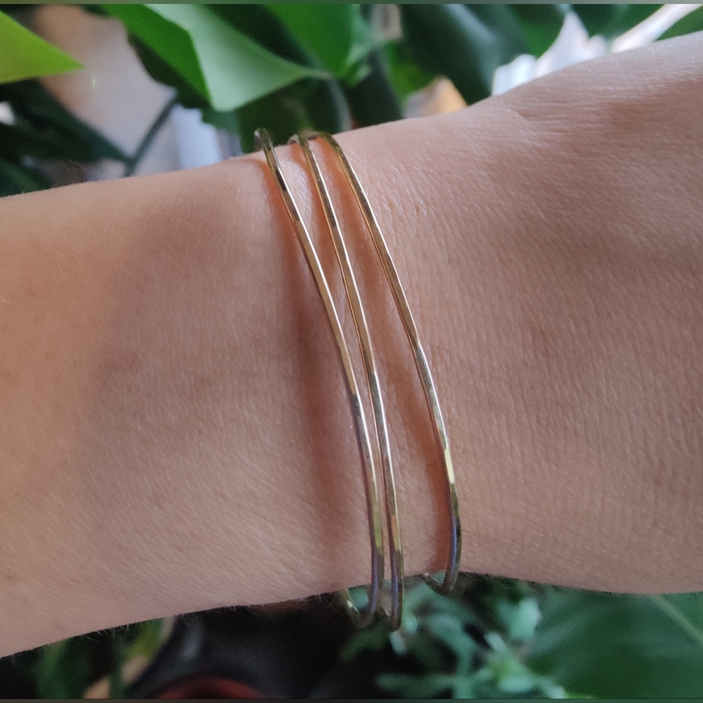 14k Solid Gold Hammered Bangle Trio - image 1